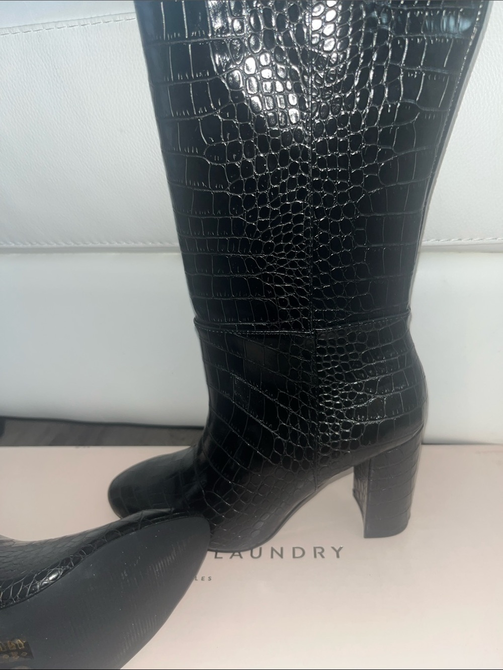 Chinese Laundry Black Croc-Embossed Knee-High Block Heel Boots - Picture 5 of 6